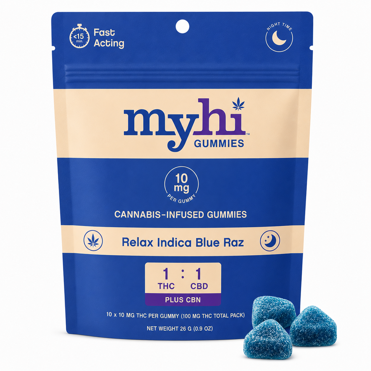Relax Indica Blue Raz (1:1 THC:CBD + CBN) - Fast Acting Gummies - 10 pieces (100mg)