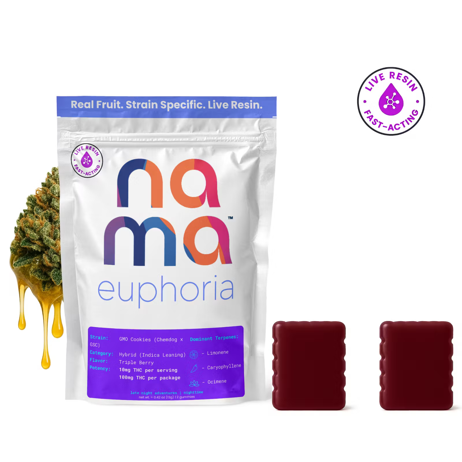 euphoria | Gummies | 2pk | Indica-Hybrid | GMO Cookies | Triple Berry | Nighttime | Live Resin | Fast Acting | Real Fruit | 100mg