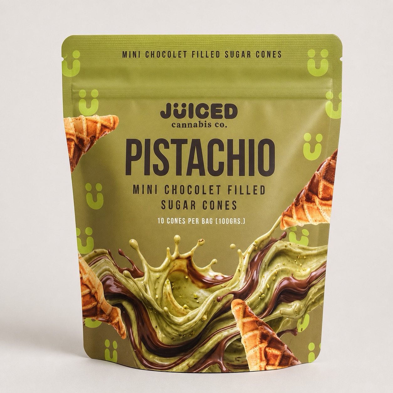 Juiced Mini Chocolate Filled Sugar Cones Pistachio 100mg