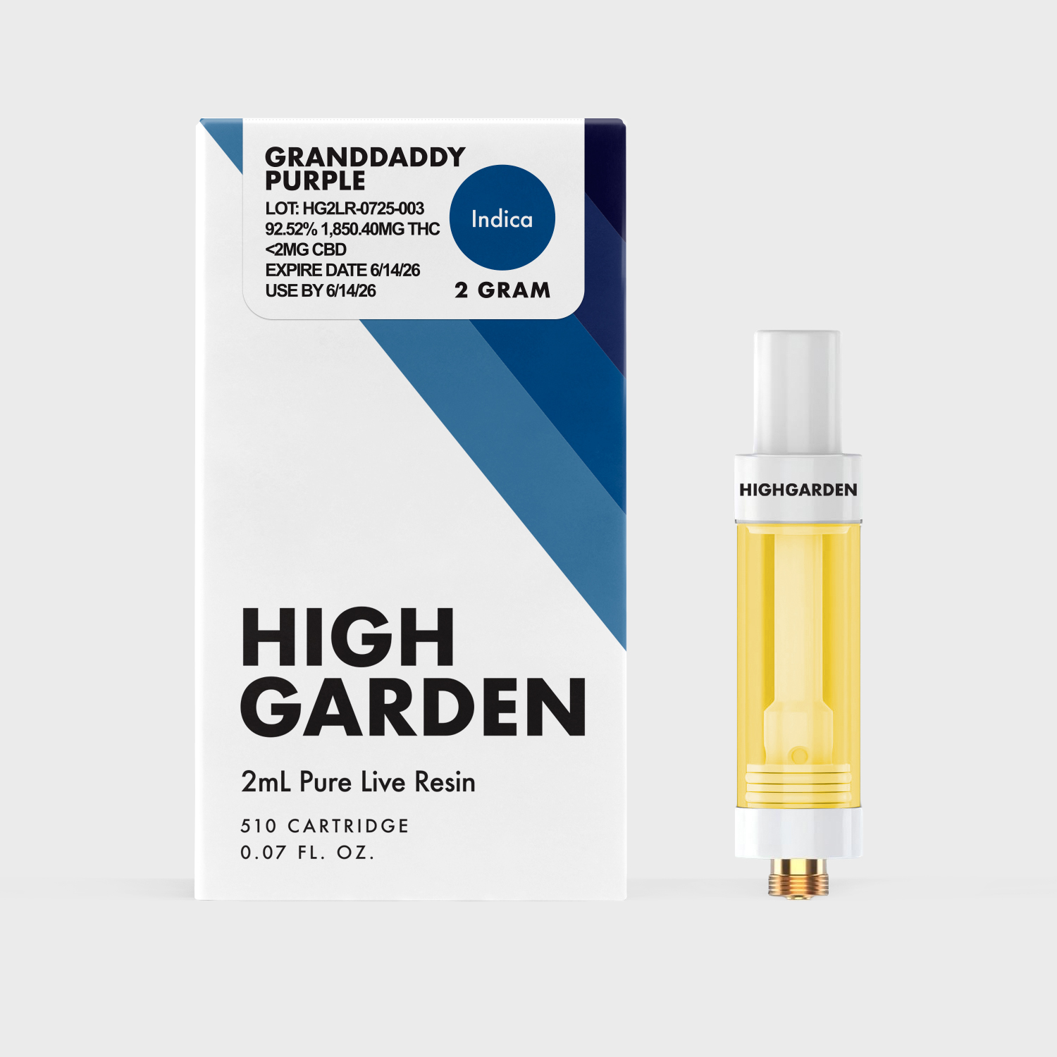 High Garden 2g Live Resin Cartridge Granddaddy Purple Indica  92.52%THC