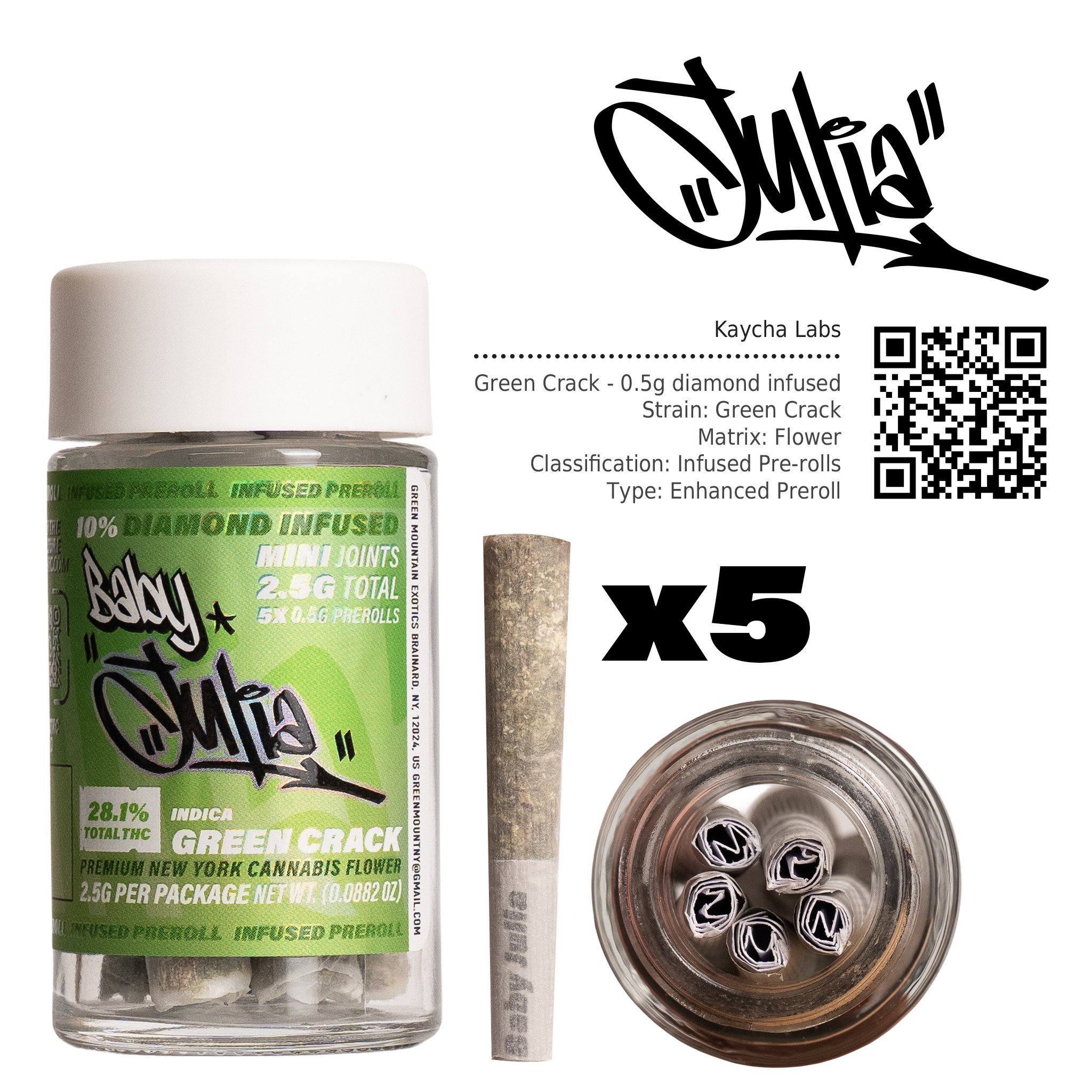 Julia | Baby Julia | Infused Prerolls | Diamond Infused | Green Crack | 0.5g | 5 Pack | 2.5g | Indica | THC 28.1%