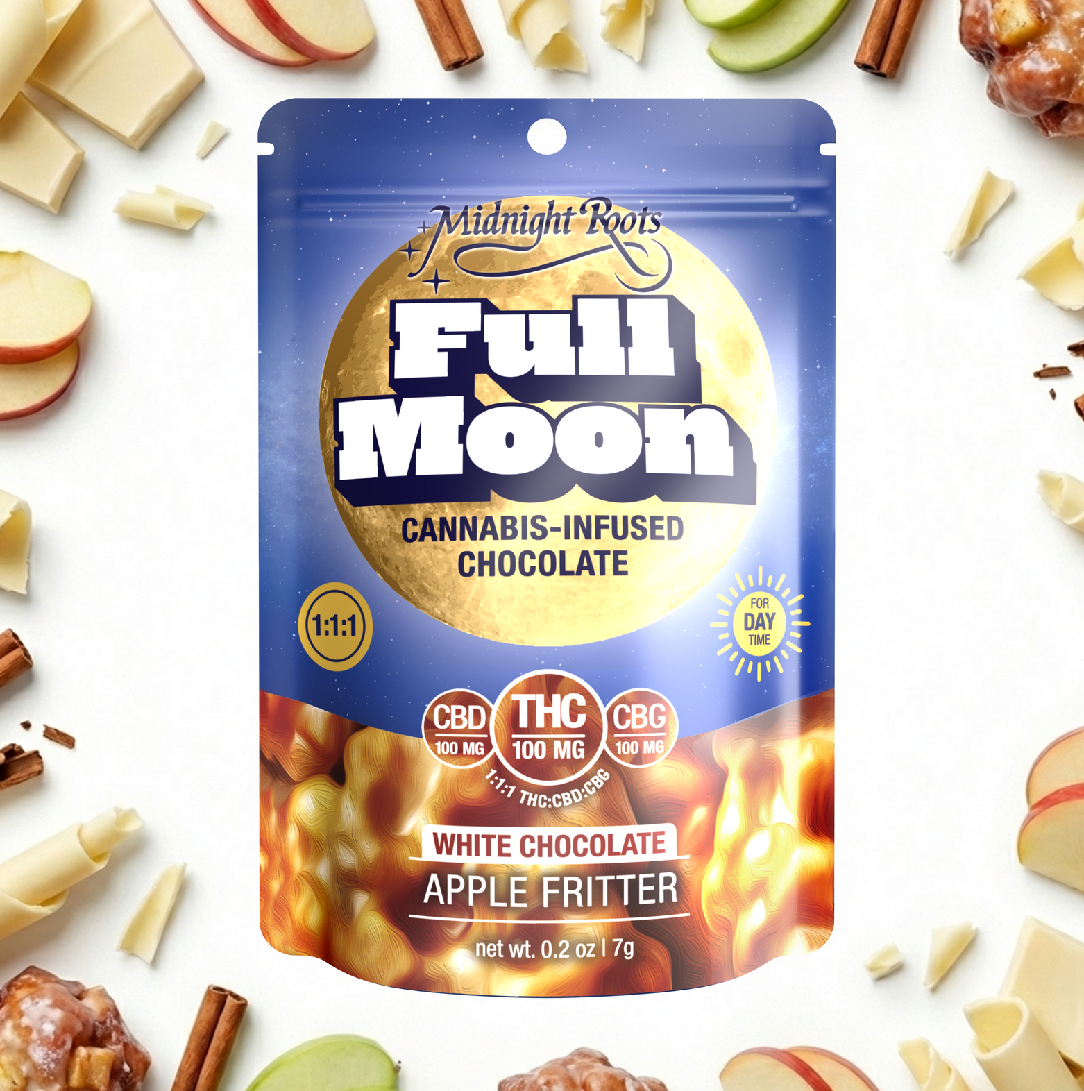 1:1:1 | White Chocolate Apple Fritter | 100mg THC x 100mg CBD x 100mg CBG | 1pk | Full Moon | Midnight Roots
