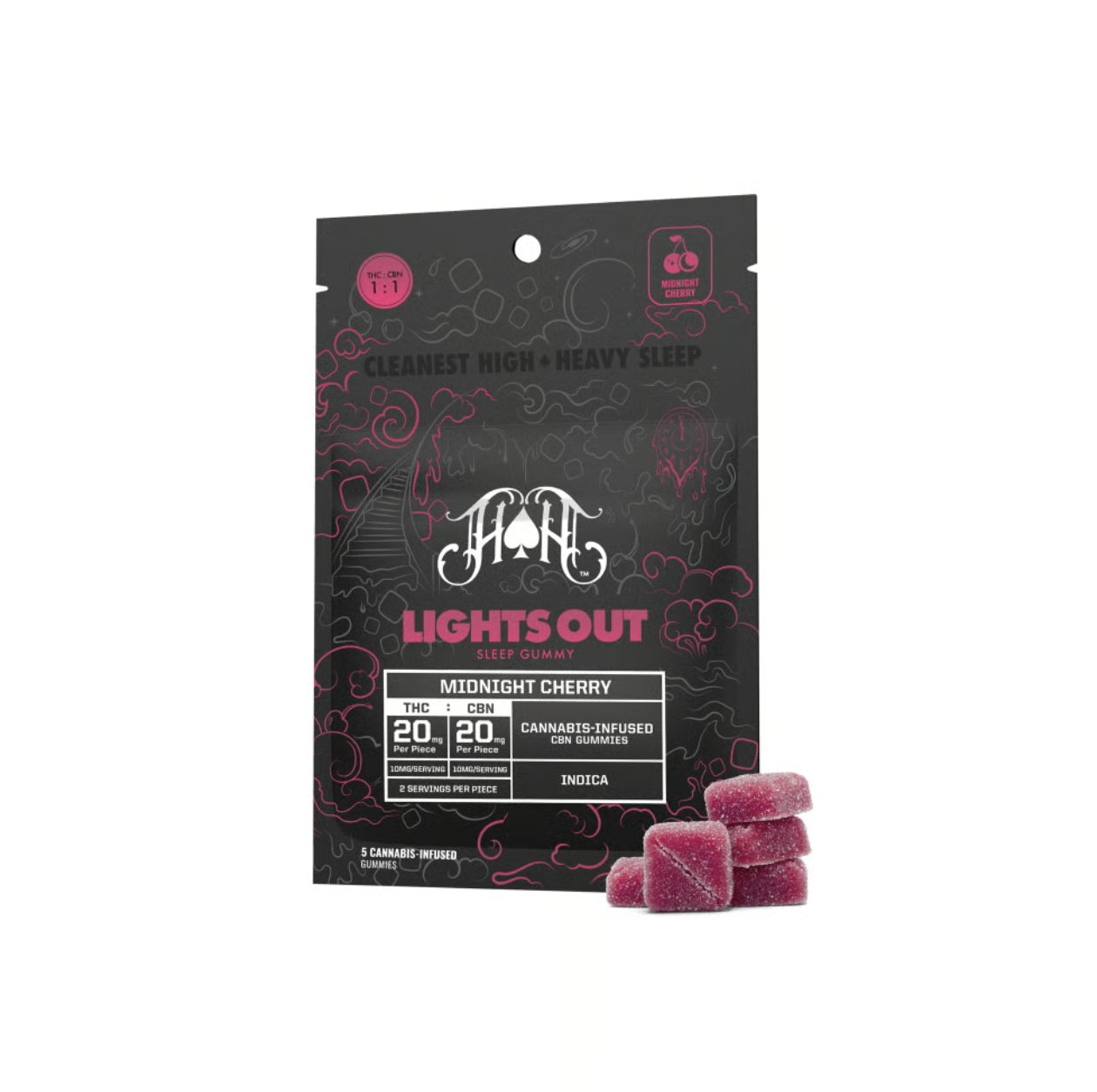 HEAVY HITTERS - MIDNIGHT CHERRY - GUMMY PACK - 100MG THC + 100MG CBN - INDICA