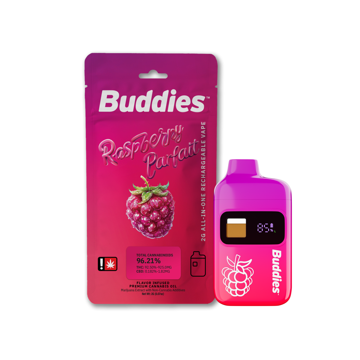 Buddies Flavors - 2G Raspberry Parfait (H) - All-In-One Flavored Distillate Cartridge 2G