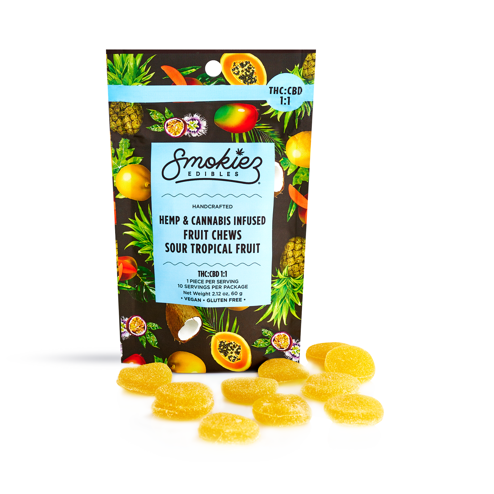 CBD:THC 1:1 Sour Tropical 100mg CBD:100mg THC Fruit Chews