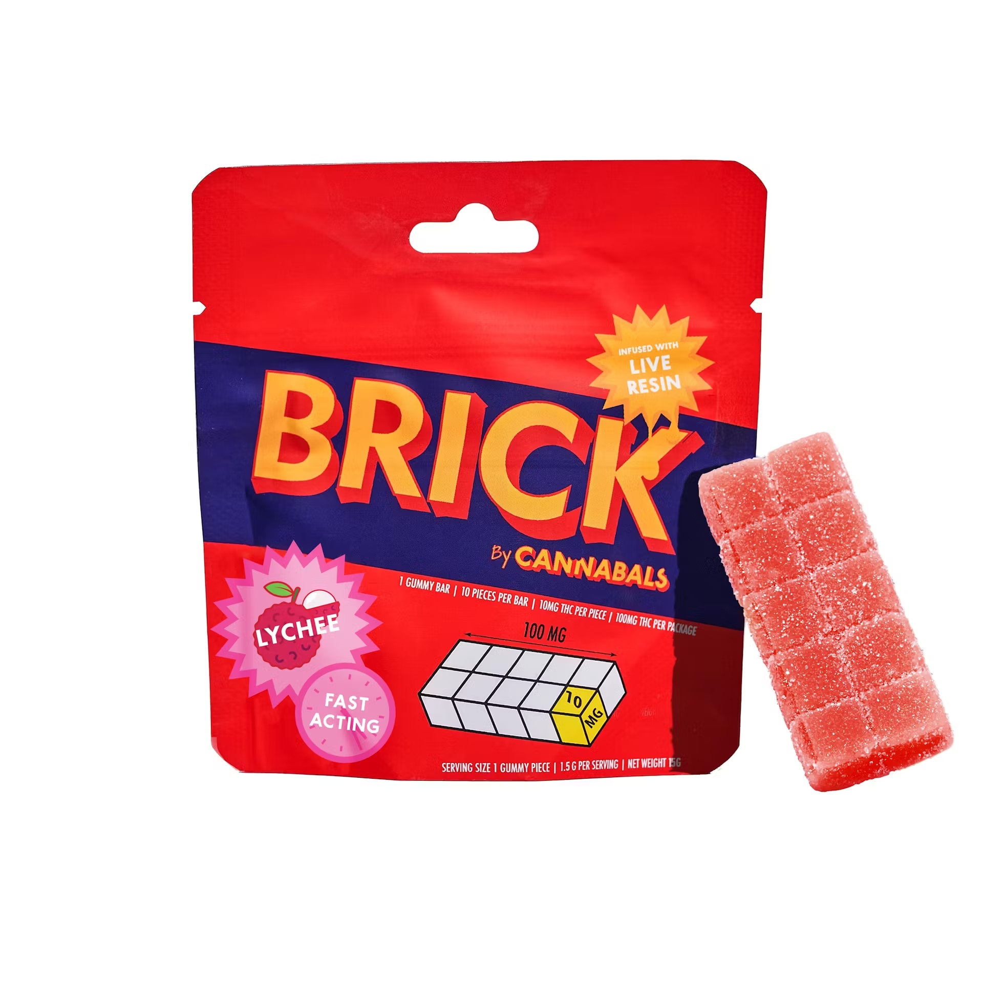 BRICK | Gummies | 1pk | Hybrid | Lychee | Live Resin Infused | Fast Acting | 100mg