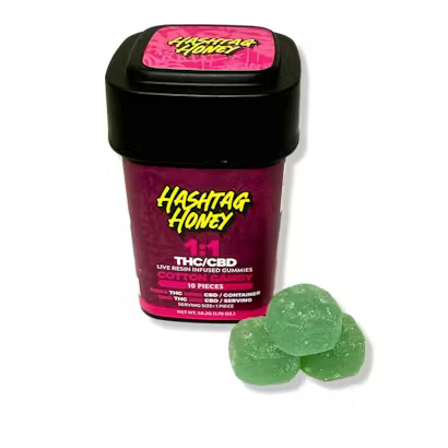 Gummies | 10pk | Hybrid | Cotton Candy | Live Resin | Fast Acting | Vegan | Gluten Free | 50mg THC : 50mg CBD