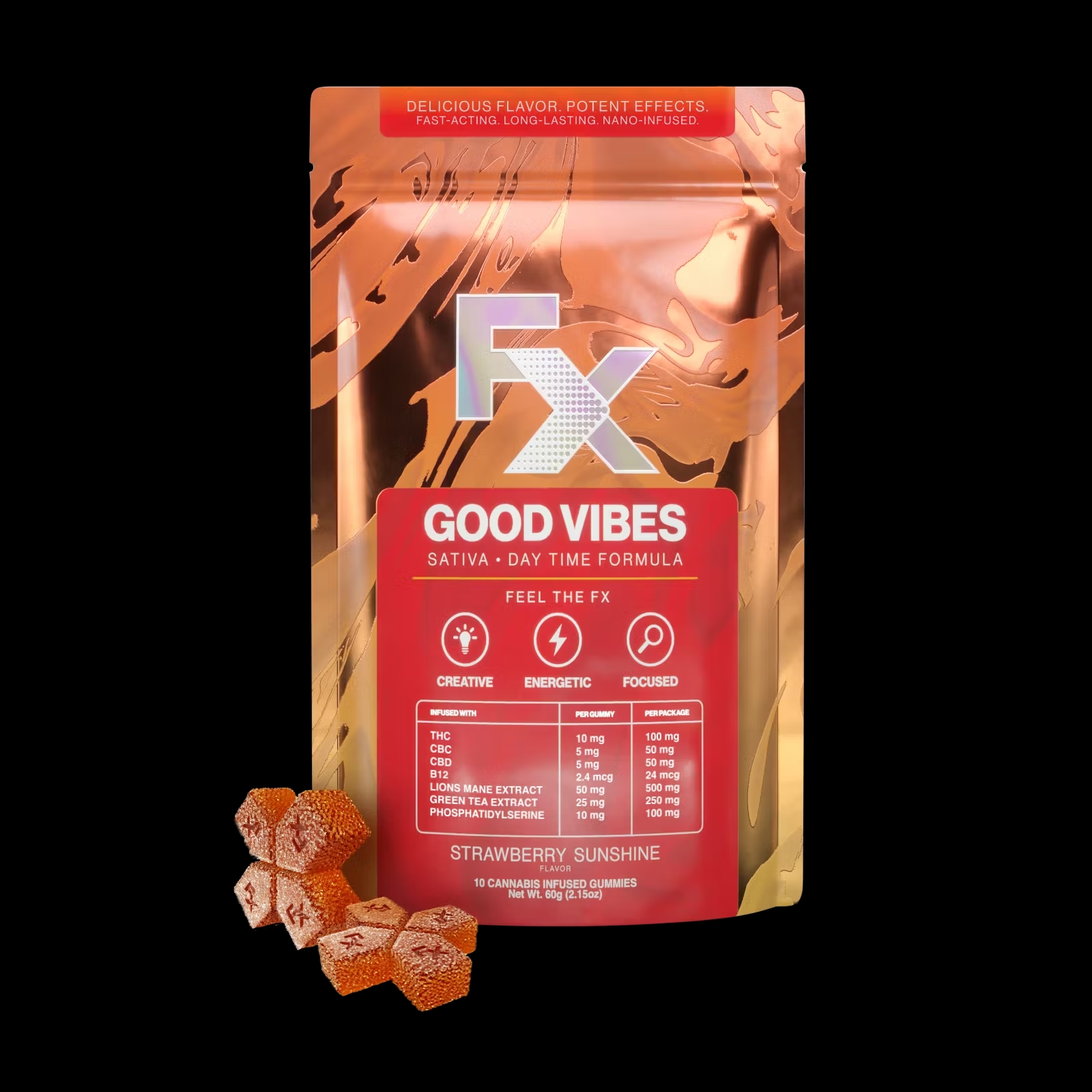 Gummies | 10pk | Sativa | Good Vibes | Strawberry Sunshine | Day Time | Fast Acting | Long Lasting | 100mg THC : 50mg CBD : 50mg CBC : 24mcg B12 : Lions Mane Extract : 250mg Green Tea Extract : 100mg Phosphatidylserine