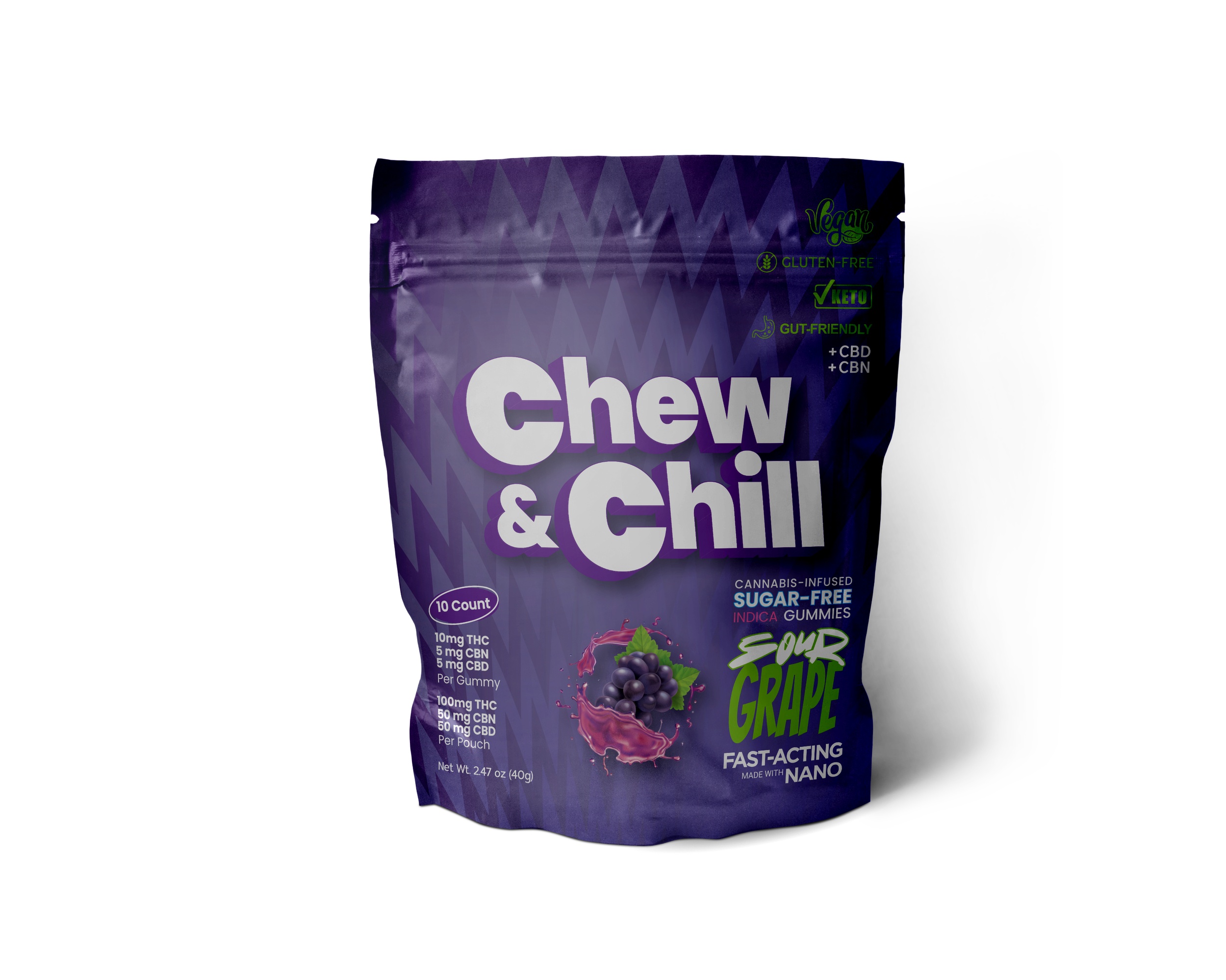 Gummies | 10pk | Indica | Sour Grape | Live Resin | Fast Acting | Vegan | Keto | Gluten Free | 100mg THC : 50mg CBD : 50mg CBN
