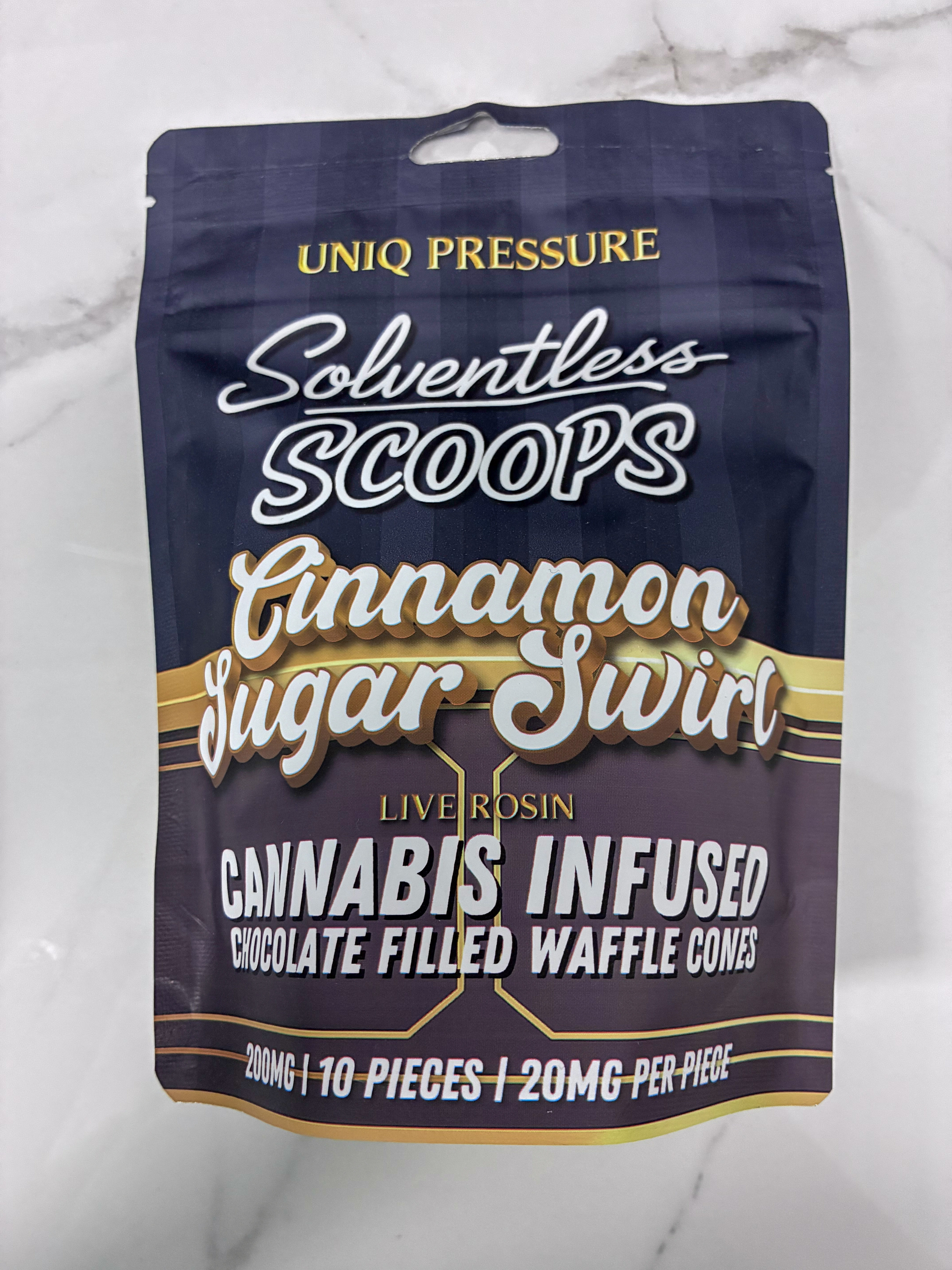 Edibles | Solventless Scoops | Rosin Waffle Cones | Cinnamon Sugar Swirl | 200mg | Uniq Pressure
