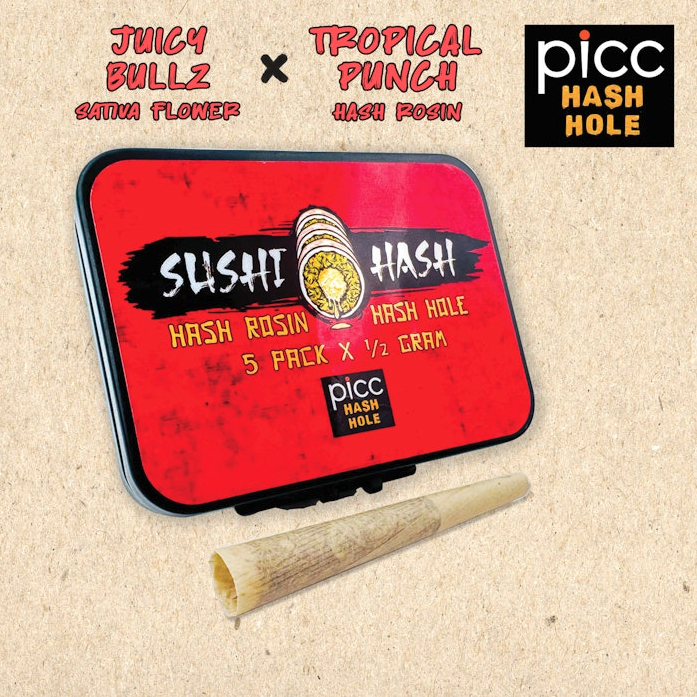 SUSHI HASH HOLE | Preroll | 5pk | Sativa | Juicy Bullz | Tropical Punch Rosin Infused