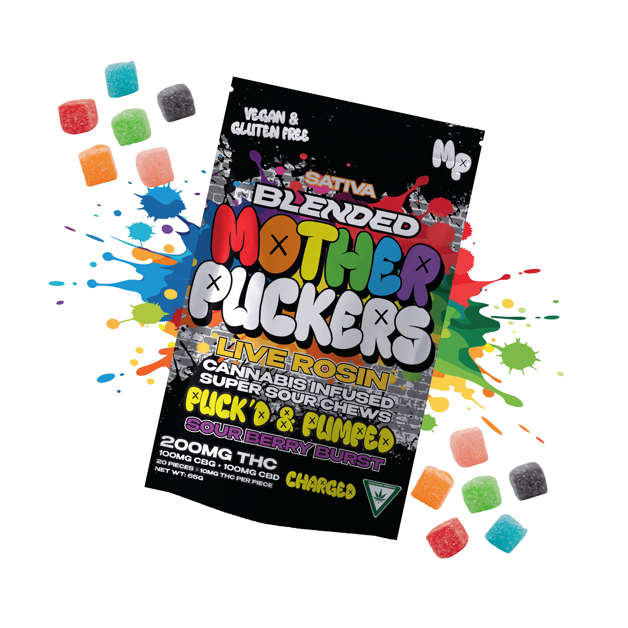 Mother Puckers | Sour Berry Burst Puck'd & Pumped 2:1:1 THC:CBD:CBG Live Rosin Gummies | 200mg:100mg:100mg