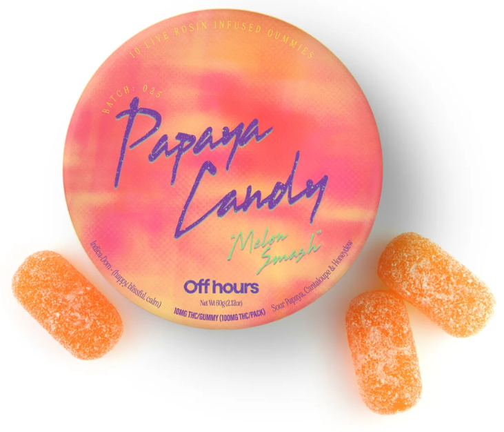 Off Hours | Papaya Candy | Melon Smash | Indica-Dominant | Live Rosin | 20 Pack Gummies | 100mg