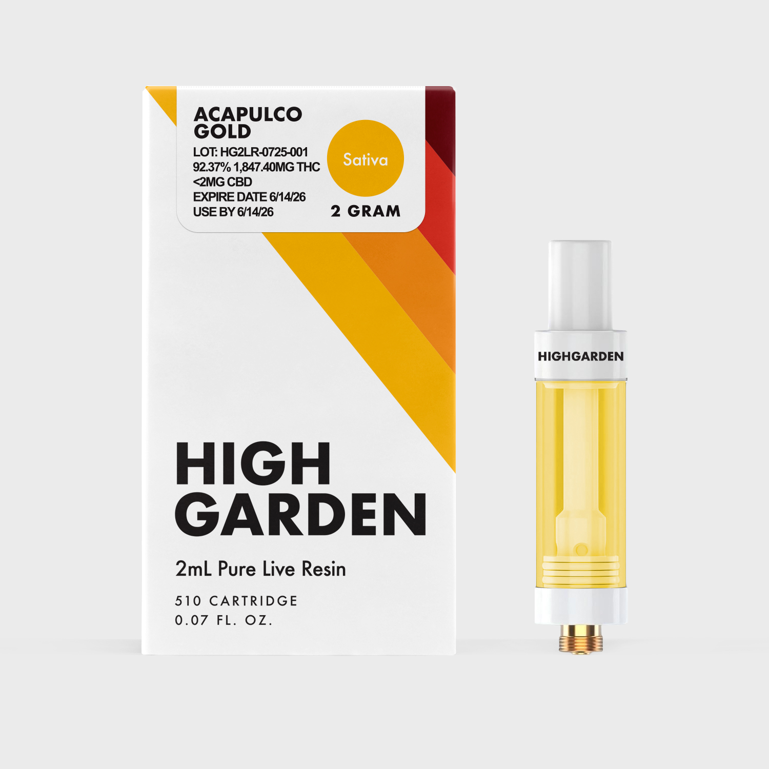 High Garden 2g Live Resin Cartridge Acapulco Gold Sativa 92.37%THC