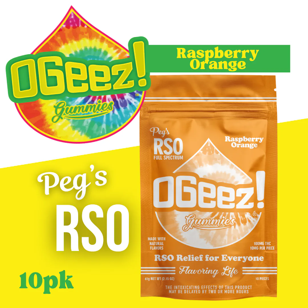 100mg - 10 Pack - Edibles - Full Spectrum - Peg's Raspberry Orange RSO - OGeez - REC