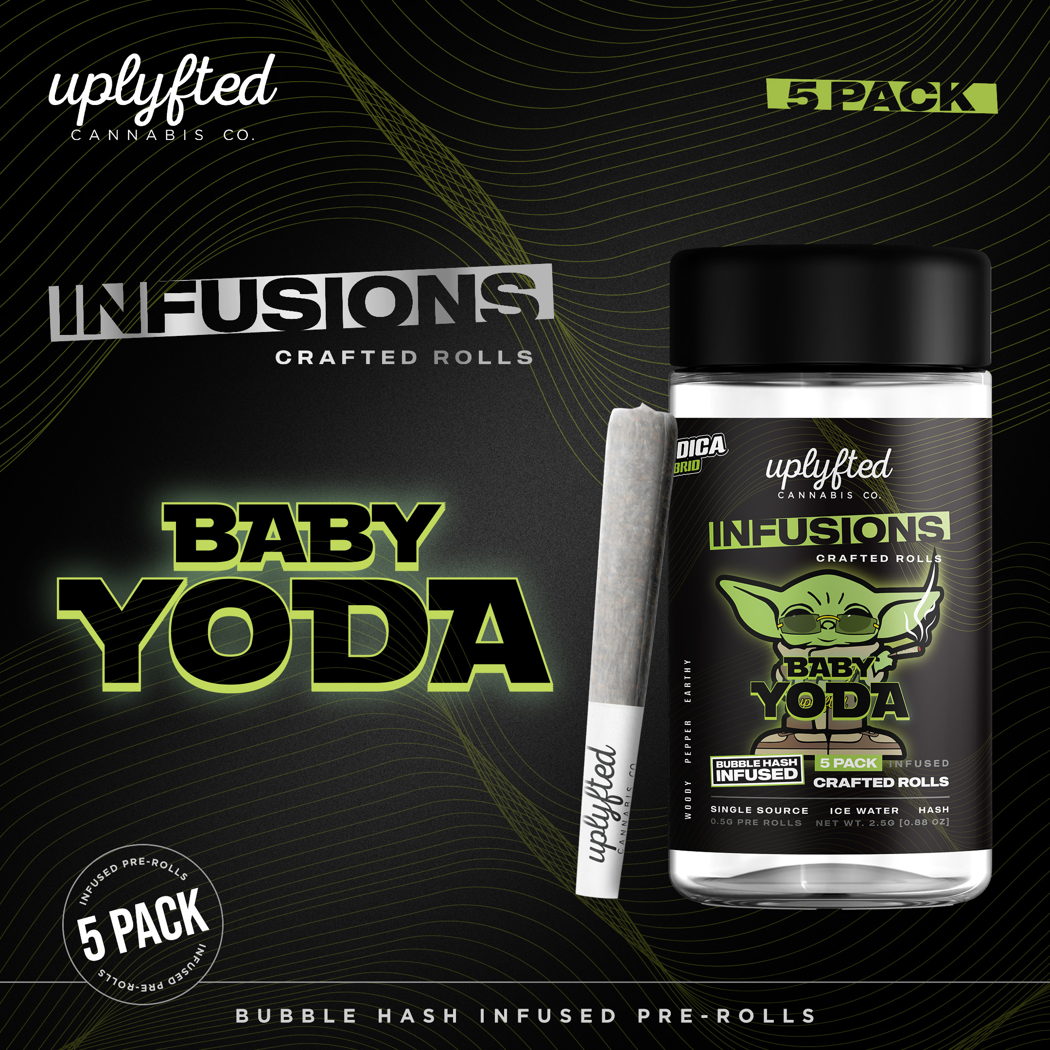 Uplyfted | Baby Yoda | Bubble Hash Infused Pre-Roll 5 Pack