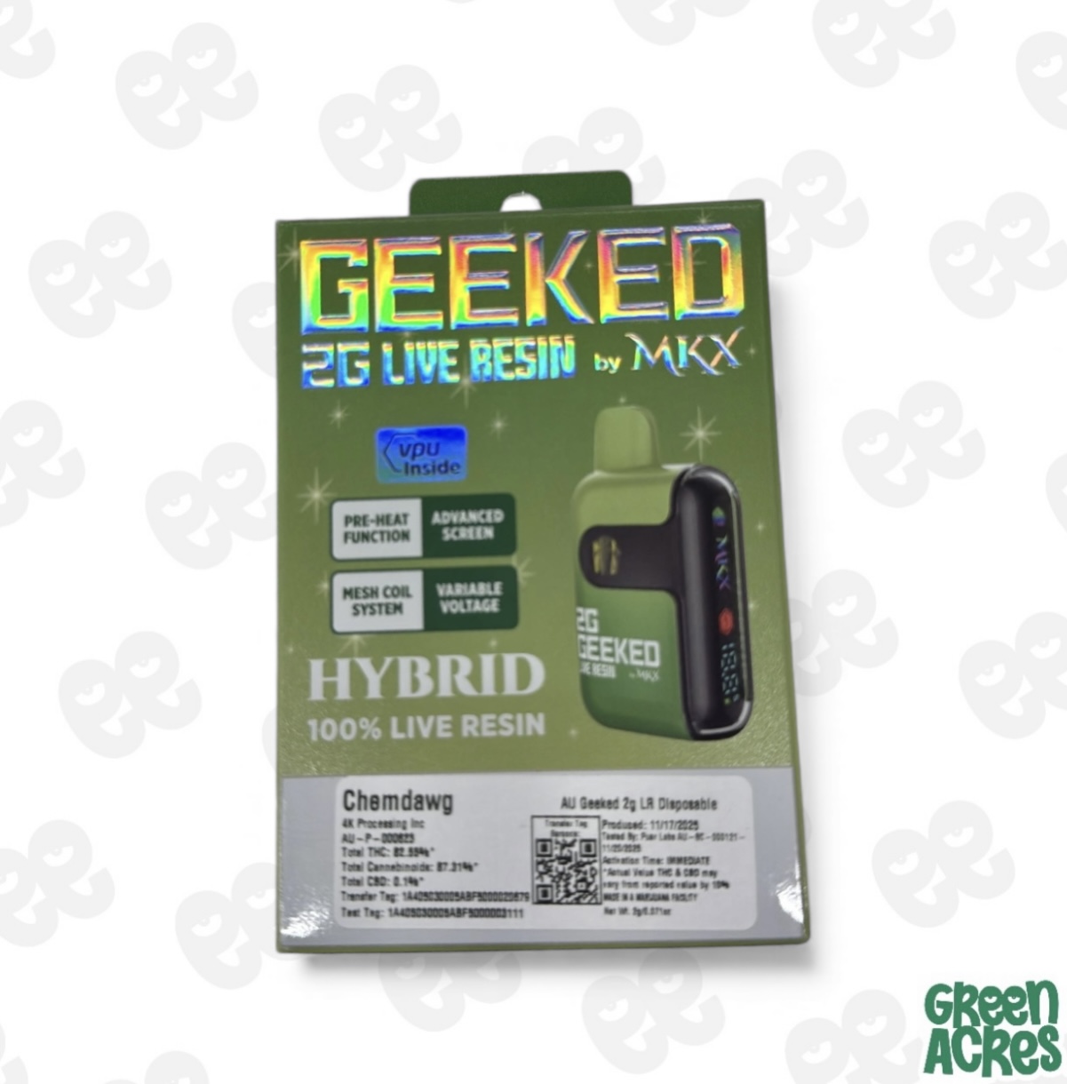 GEEKED: Chem Dawg 2G Live Resin Vape Disposable | Green Acres