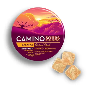 Kiva Confections | Camino Sours - Orchard Peach 1:1 Gummies | 100mg THC/100mg CBD