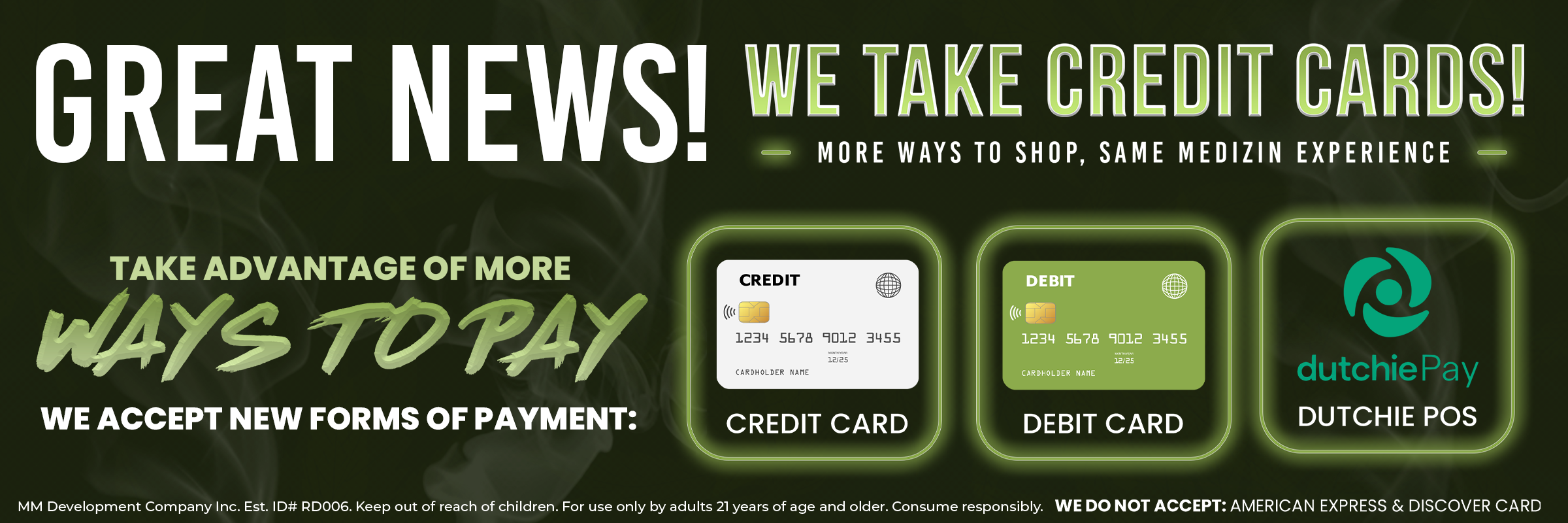 Great News! We take Credit cards. Take advantage of more ways to pay