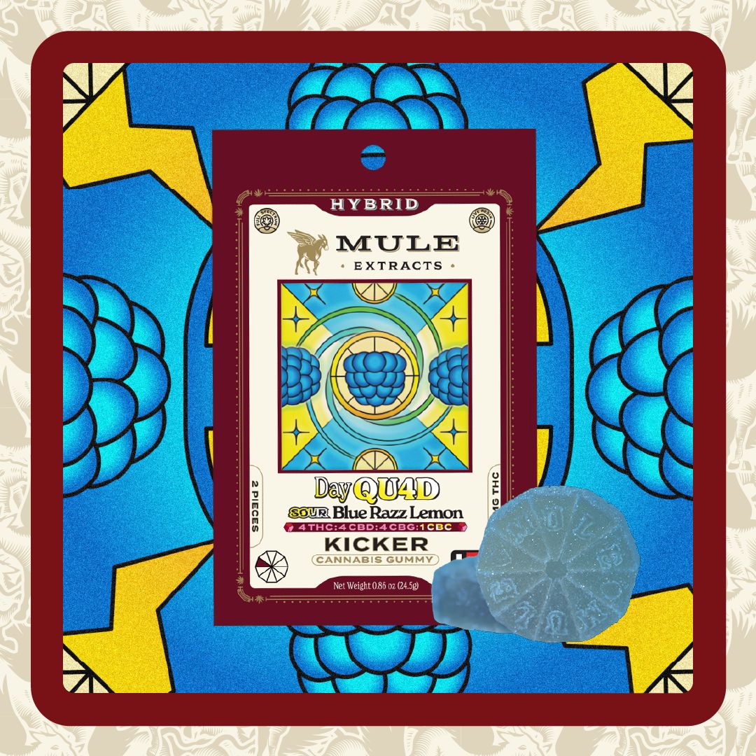 Mule Extracts | Sour Blue Razz Lemon 'QU4Derall' 50mg 2pk Gummies | 1:1:2:1 THC + CBD + CBG + CBC | 100mg