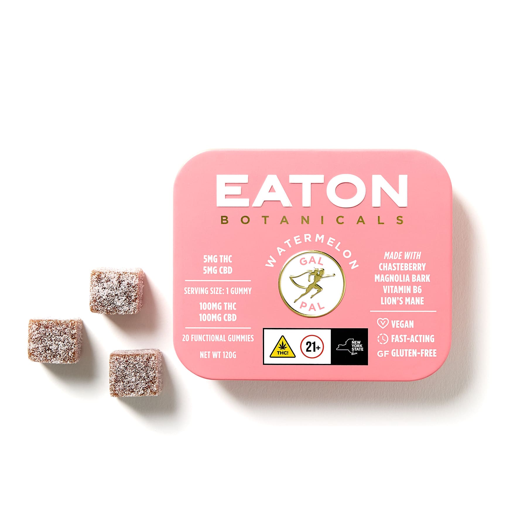 Gummies | 20pk | Gal Pal | Watermelon | Fast Acting | Vegan | Gluten Free | 100mg THC : 100mg CBD + Chasteberry + Magnolia Bark + Vitamin B6 + Lion's Mane