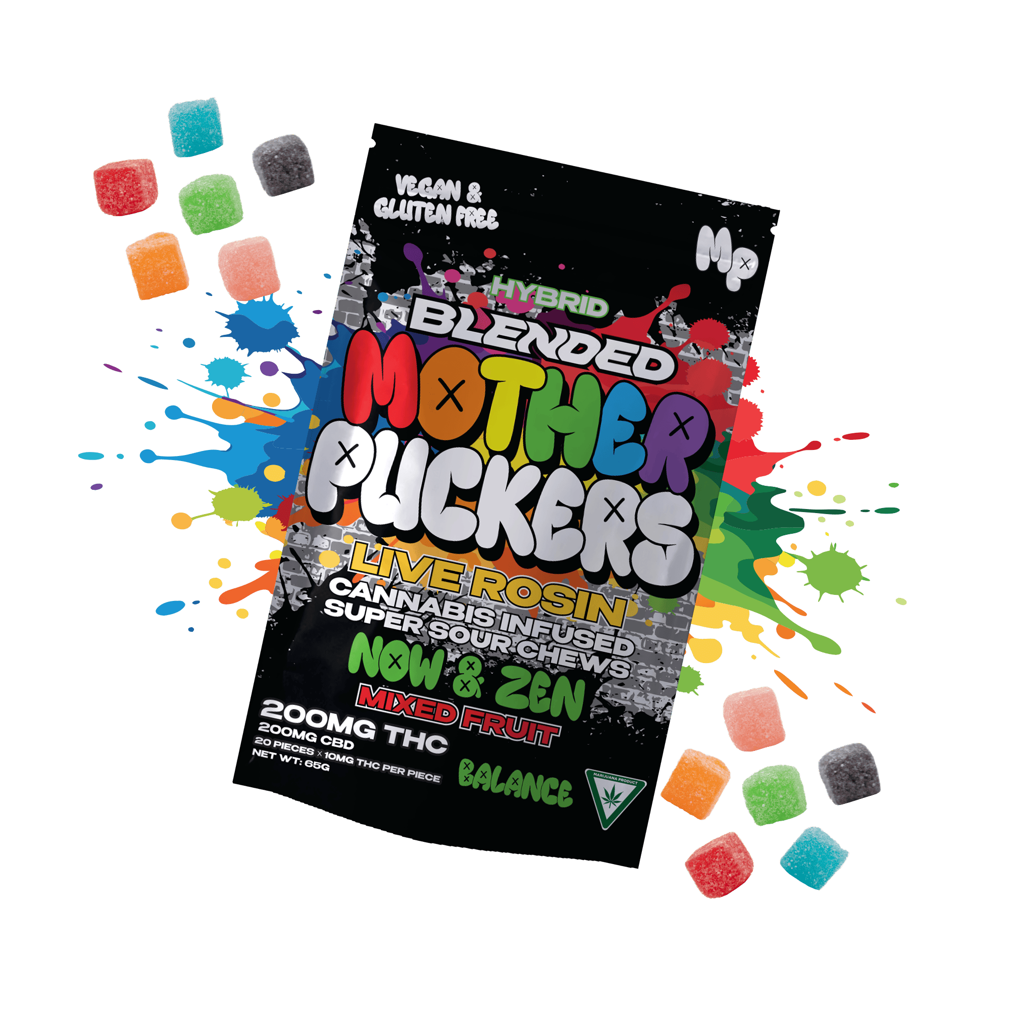 1:1 | Now & Zen | Mixed Fruit | 10mg THC x 10mg CBD | 20pk | Live Rosin Infused | Mother Puckers