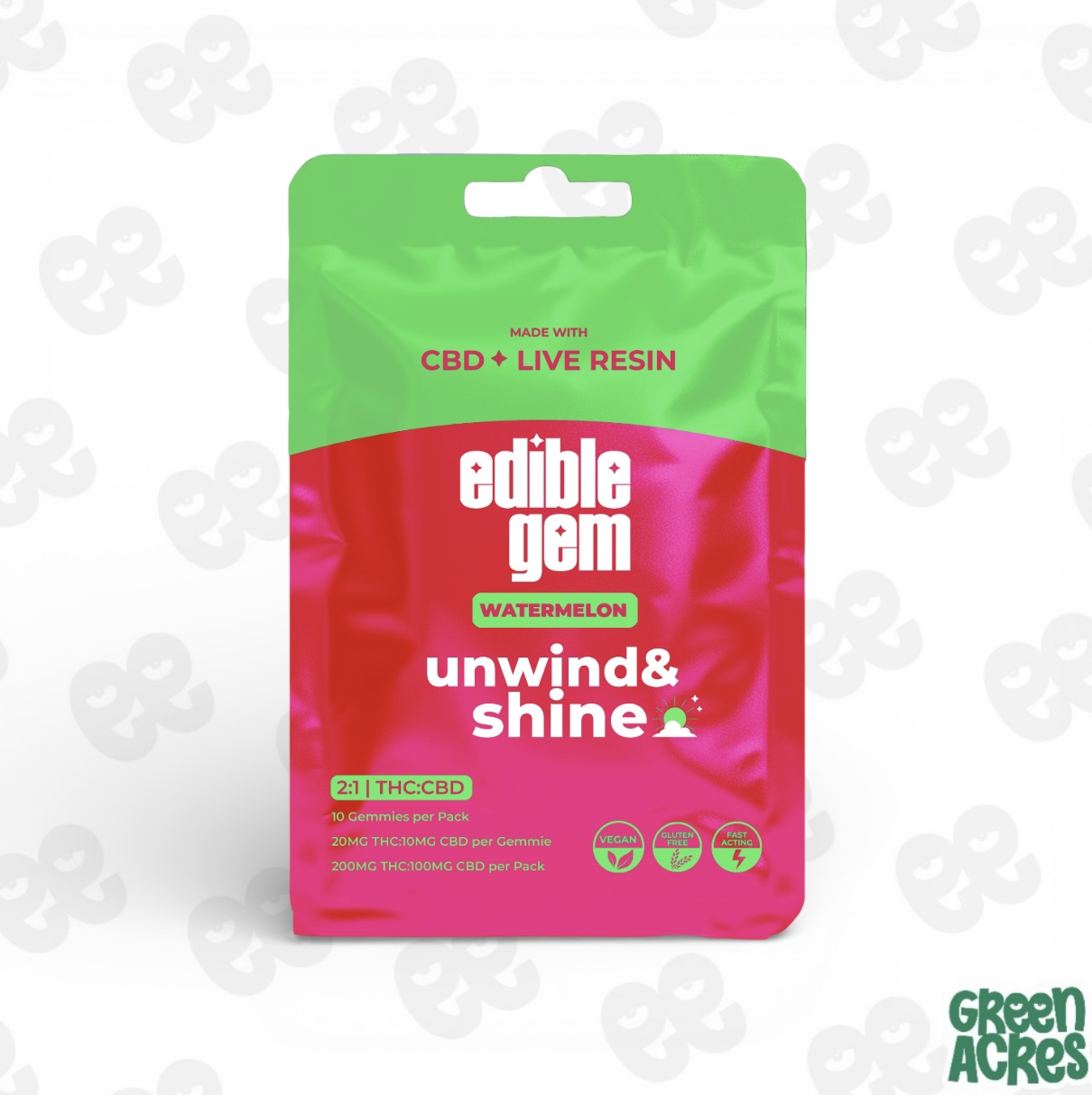 Edible Gem: Watermelon 200MG Live Resin Gummies 2:1 THC:CBD (10x20mg)