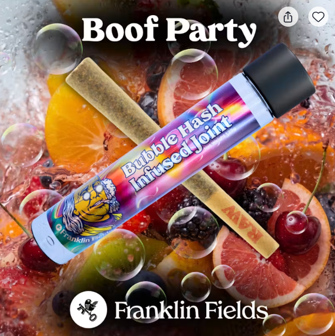 Franklin Fields | Boof Party | Bubble Hash Infused Pre-roll | 1.25g | Sativa