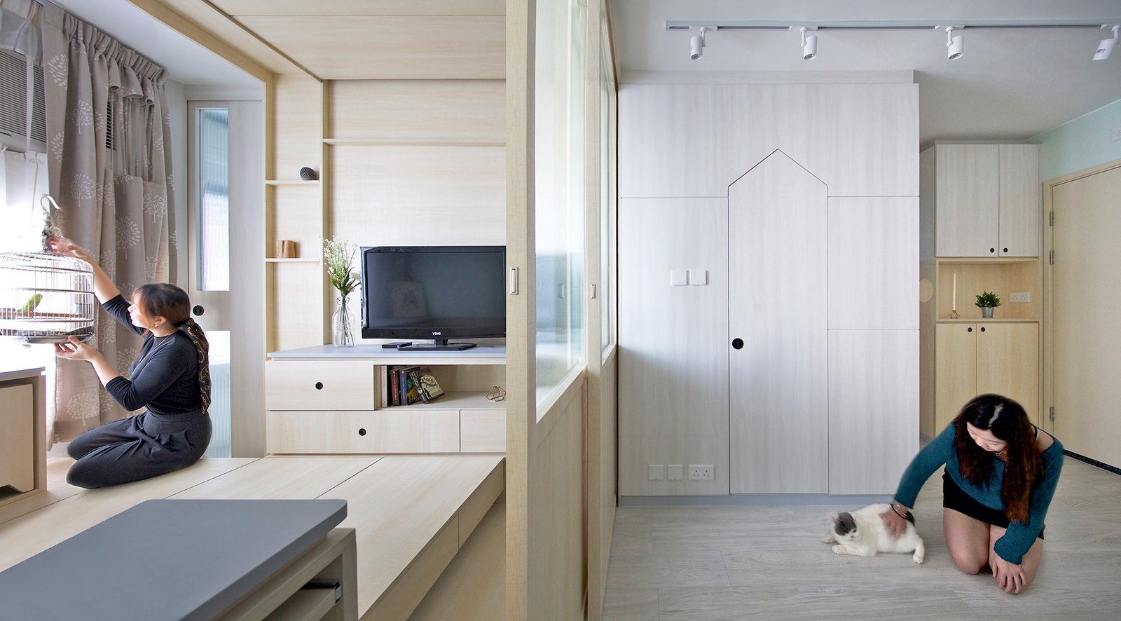 The two halves of the home can be sectioned off with sliding glass doors—one side for the parrot, and one for the cat.
