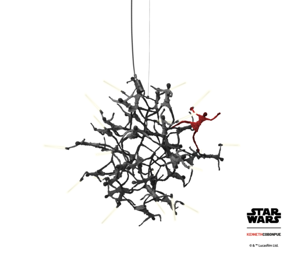 The Little Jedi Hanging Lamp features miniature Jedi Knights with LED light sabers, conveying a message of positive power through unity.