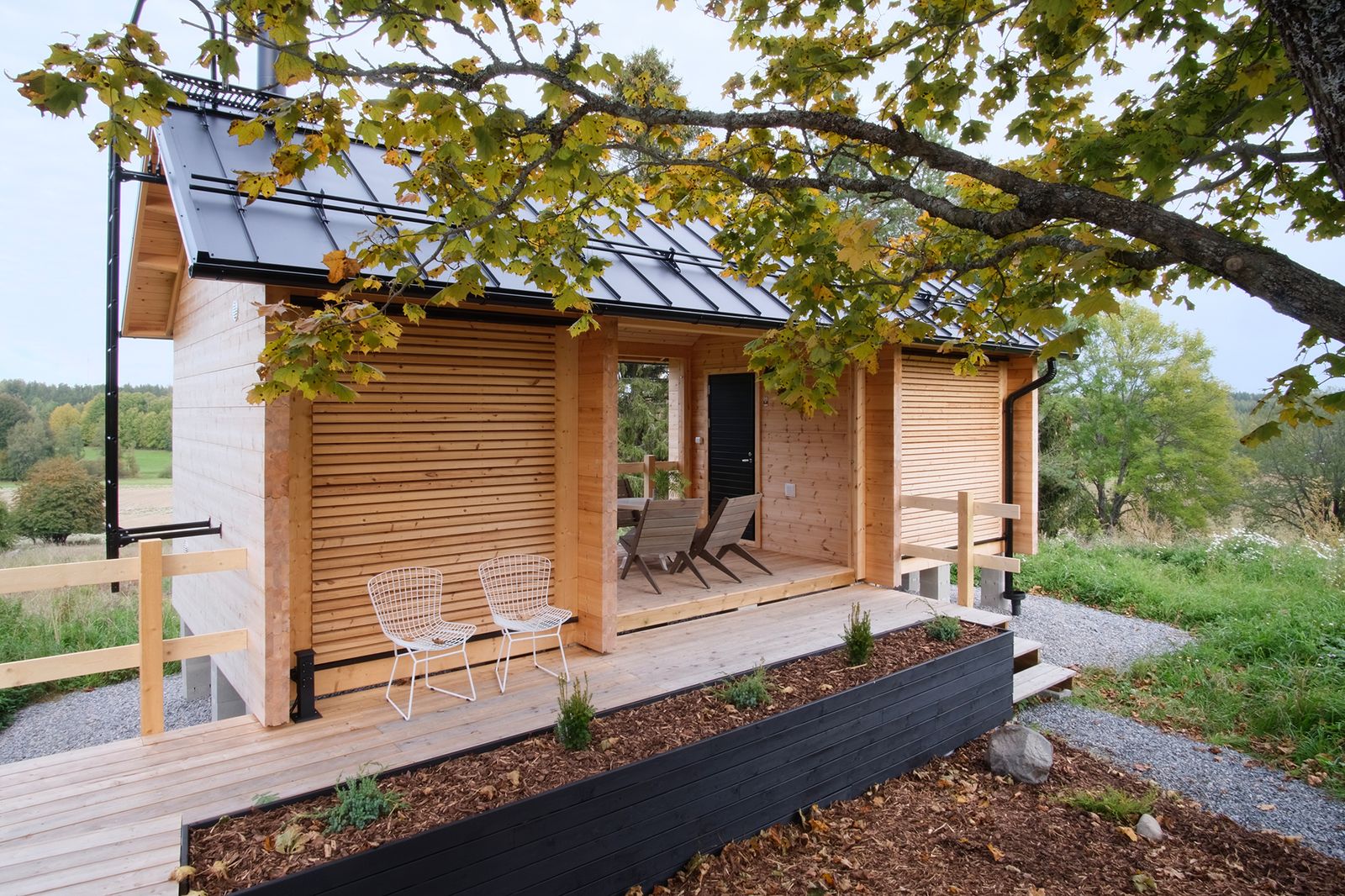 A view of the sauna building before the patio and seating were constructed on the other side. The log cabins were constructed by a specialist company, and another builder helped with the interior walls. Jussi-Pekka and his father did all the other building and landscaping work, apart from the electrical and plumbing—often working 12-hour days.