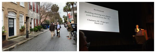 Groups toured Charleston to observe the city’s residential architecture (left). Ben Pentreath gave a lecture on relevant learnings from his work in the U.K. (right).