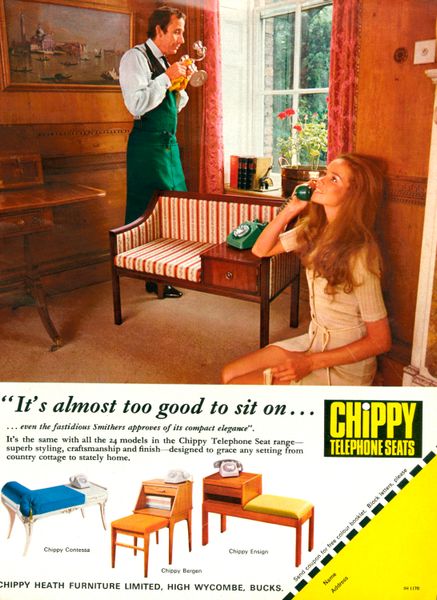 A 1970s magazine ad for Chippy Heath telephone seats (aka gossip benches).