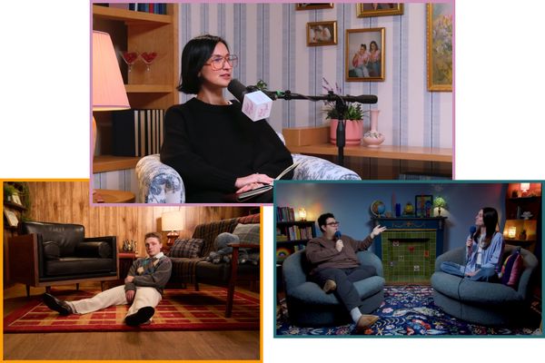 Interwoven Studios and creative director Connor Brock designed the set for Jake Shane’s <i>Therapuss</i> podcast before its first season. They updated it for the show’s second season (shown left) and for the third on Netflix. Interwoven and Brock also designed the studio for <i>What We Said</i> (top). The Dear Media podcast launched in 2018, added video in 2024, and debuted the new set at the end of that year. <i>So True With Caleb Hearon</i> started recording from a new, built-out studio when it was picked up by Wave Sports and Entertainment in late 2025 (right).