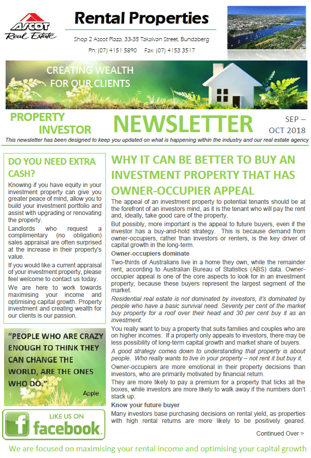 Property Investor Newsletter September – October 2018
