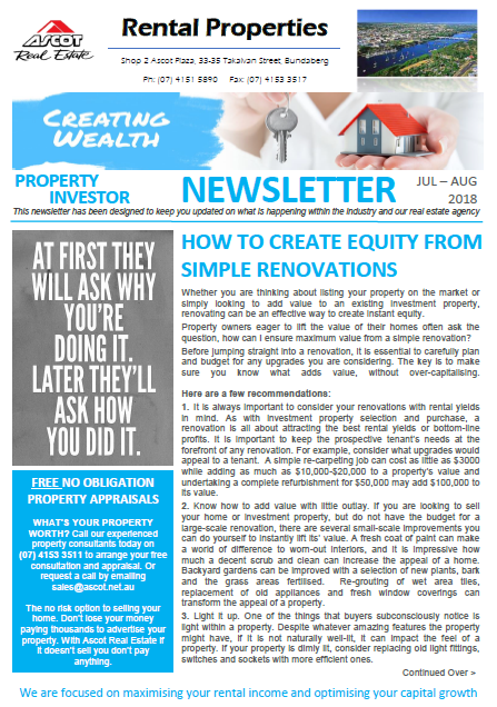 Property Investor Newsletter July – August 2018