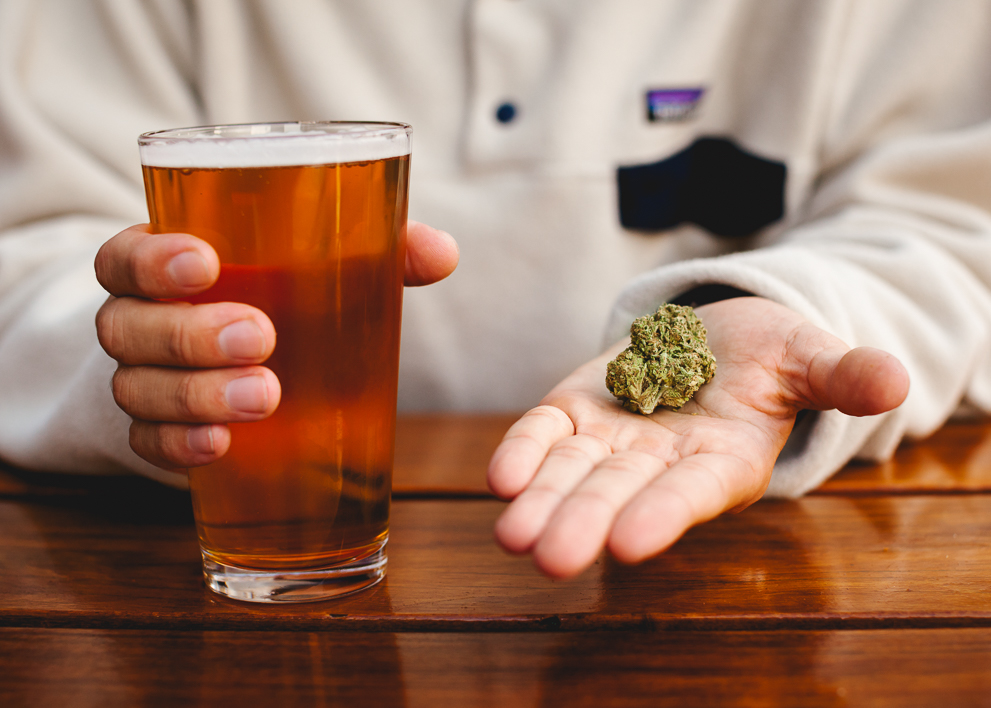 Image comparing a beer with a nugget of marijuana