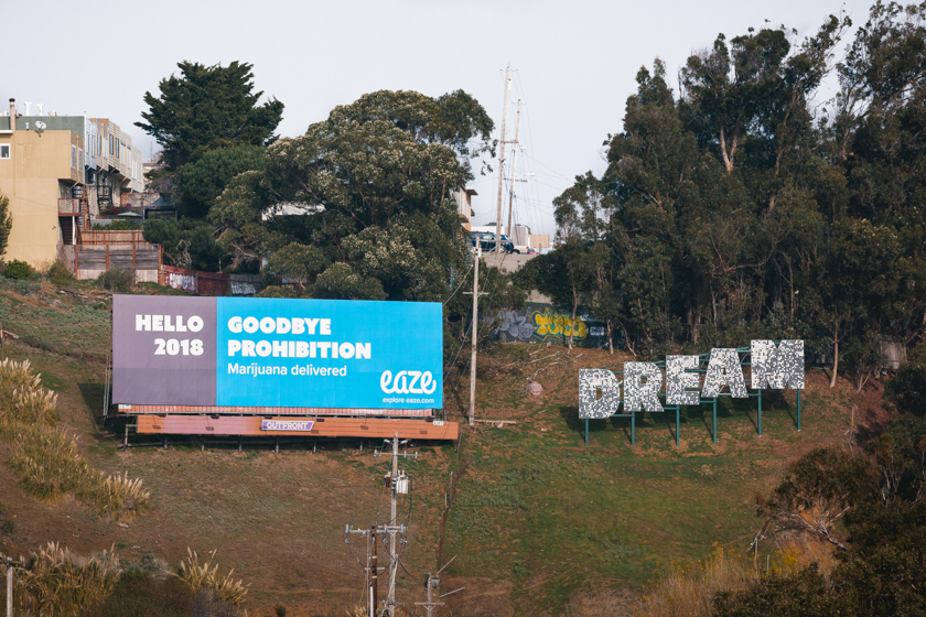 Image of an Eaze advertisement billboard in a new era of marijuana marketing.