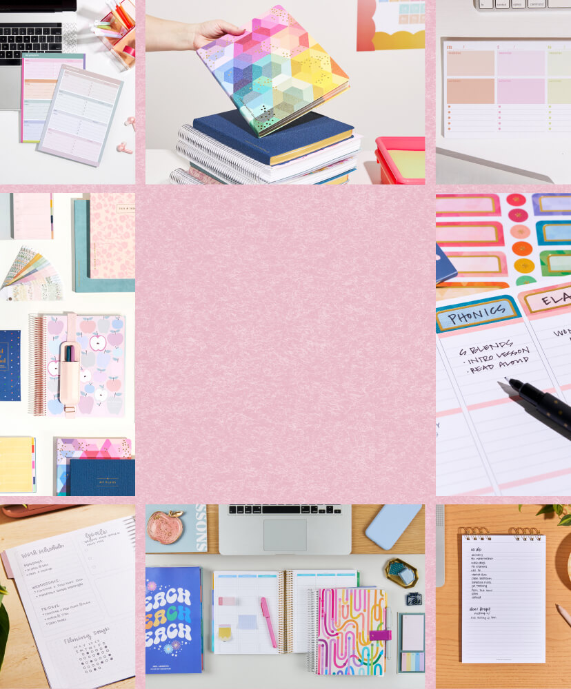 Group of planners, notepads, and cover designs from the new back-to-school collection. Click to shop now.