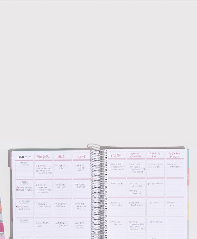 open coiled teacher lesson planner featuring vertical layout with writing inside for different courses and course plans. Accessories next to the planner.