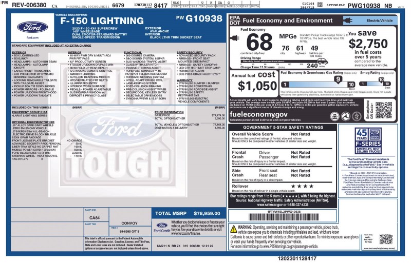 2023 Ford F-150 Lightning Lariat 1FTVW1EL2PWG10938