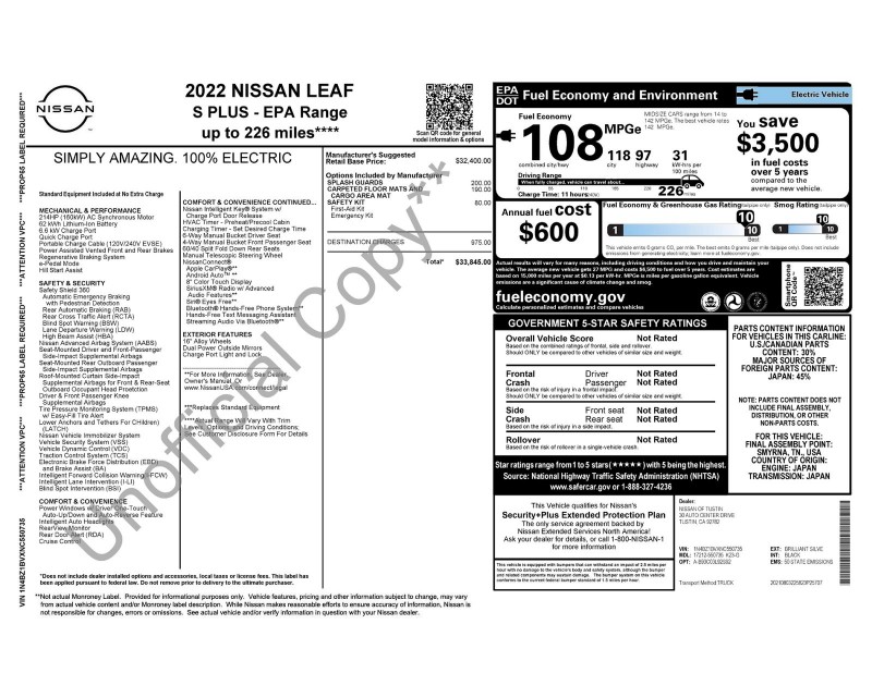 2022 Nissan Leaf S Plus 1N4BZ1BVXNC550735