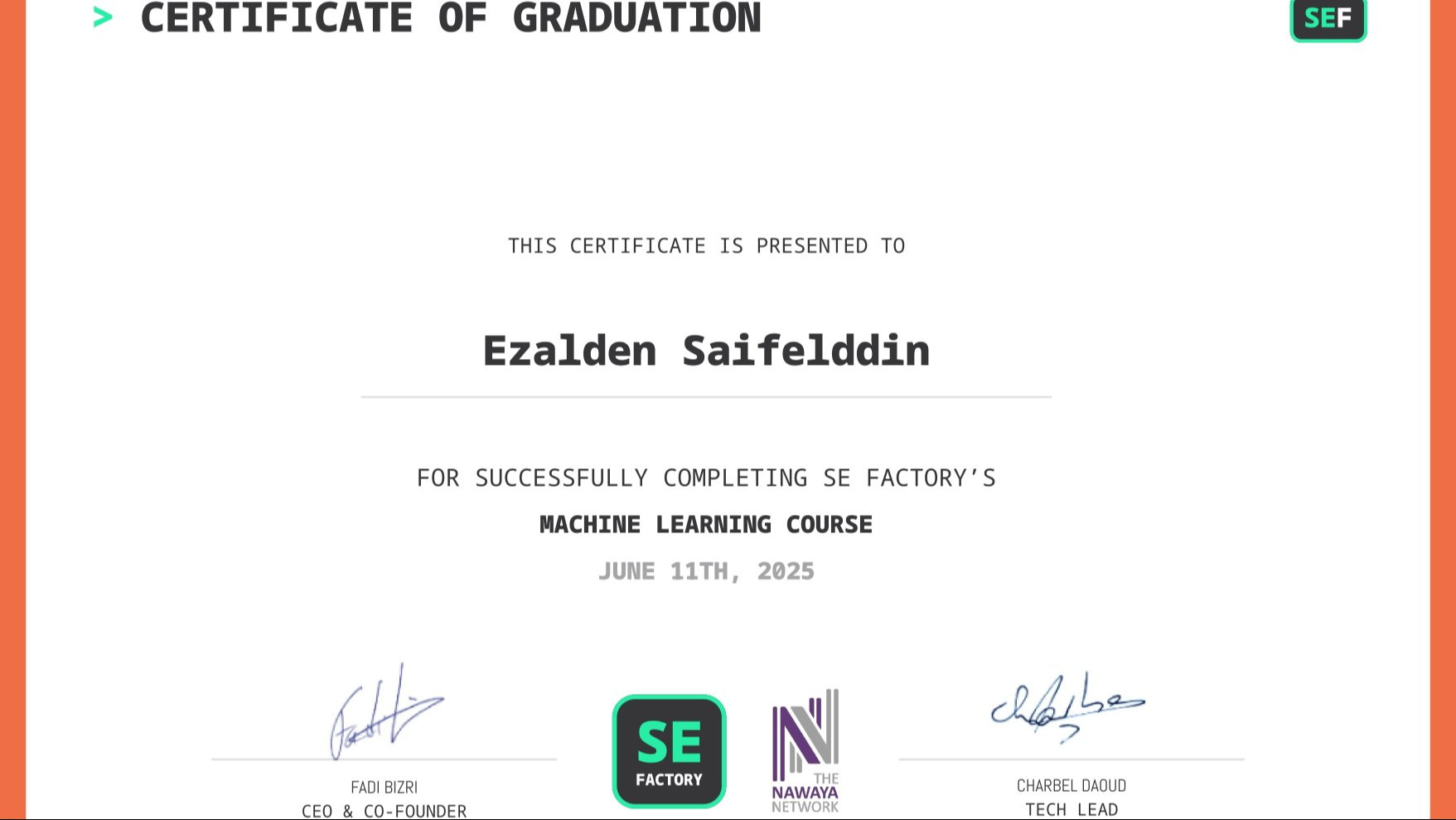 Over the past months, I’ve been investing time in sharpening my technical and personal skills through SE Factory’s specialized courses. On June 11, 2025, I successfully completed the Machine Learning course, which deepened my understanding of data-driven technologies and their real-world applications.