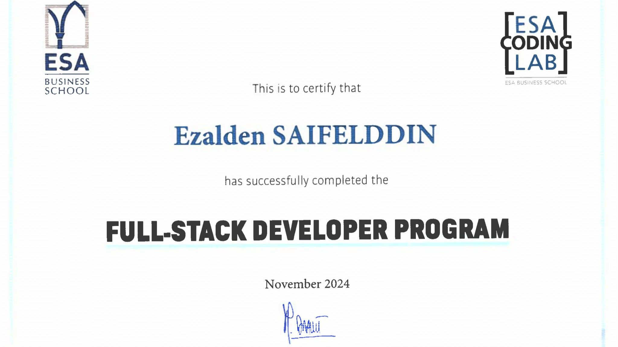 Another big step on this journey 💻✨ I’m so proud to share that I earned my Full-Stack Development and MERN Stack certifications from ESIEE-IT (Paris) and ESA Business School – Coding Lab!  It was an intense journey  more than 700 hours of hands-on learning, 3 senior projects, and countless challenges that pushed me to grow as both a developer and a teammate. I worked with amazing people, built real web apps using the MERN Stack (MongoDB, Express, React, Node), and learned how to turn ideas into functional, scalable solutions.  It wasn’t just about writing code  it was about teamwork, persistence, and believing that every late night and every bug fixed takes you closer to something greater.  I’m deeply grateful to my mentors and everyone who supported me through this experience. HELLO WORLD is just the beginning. ❤️