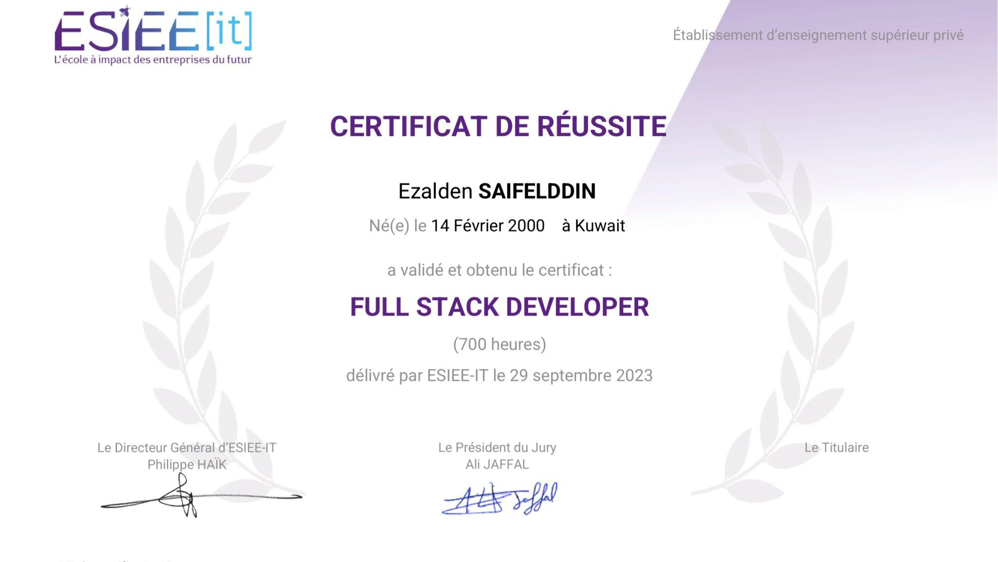 Another big step on this journey 💻✨ I’m so proud to share that I earned my Full-Stack Development and MERN Stack certifications from ESIEE-IT (Paris) and ESA Business School – Coding Lab!  It was an intense journey  more than 700 hours of hands-on learning, 3 senior projects, and countless challenges that pushed me to grow as both a developer and a teammate. I worked with amazing people, built real web apps using the MERN Stack (MongoDB, Express, React, Node), and learned how to turn ideas into functional, scalable solutions.  It wasn’t just about writing code it was about teamwork, persistence, and believing that every late night and every bug fixed takes you closer to something greater.  I’m deeply grateful to my mentors and everyone who supported me through this experience. HELLO WORLD is just the beginning. ❤️