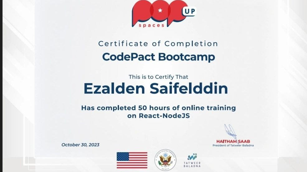 Another milestone on the journey 🚀 I’m proud to share that I’ve successfully completed the CodePact Bootcamp  a 50-hour training on React and Node.js, organized by Tatweer Baladna and POP Spaces, and funded by the U.S. Embassy in Beirut.  This experience was a turning point that strengthened my full-stack skills and deepened my understanding of building dynamic, responsive web applications. I worked on real-world projects, learned new development practices, and grew alongside an inspiring community of young developers passionate about creating change through technology.  Every training I join adds another layer to my journey  building the foundation for Hello World and our mission to empower others through programming and innovation.