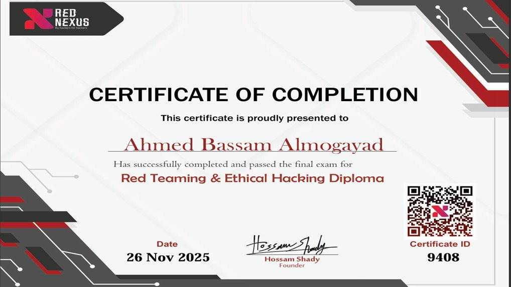 6 Months of Intensive Growth: Officially Certified in Red Teaming & Ethical Hacking! 🛡️  After 6 months of continuous learning and over 95 hours of intensive practical training, I am proud to announce the completion the Diploma with Instructor Hossam Shady .  This milestone was achieved despite immense challenges. My commitment to growth never stopped, even when continuing education in Gaza felt like a luxury. This certification is a powerful testament to perseverance.