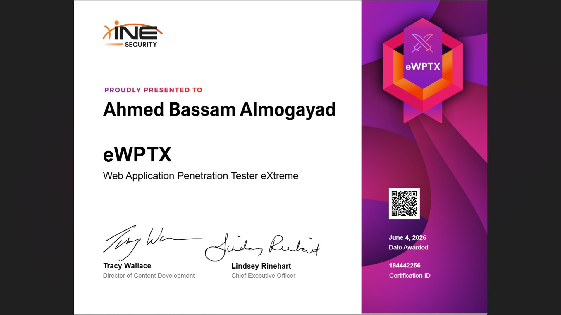 The eWPTX (Web Application Penetration Tester eXtreme) is an advanced, highly practical certification that demonstrates expert-level web penetration testing skills. It validates a professional's ability to discover and exploit complex web vulnerabilities while bypassing modern security defenses.