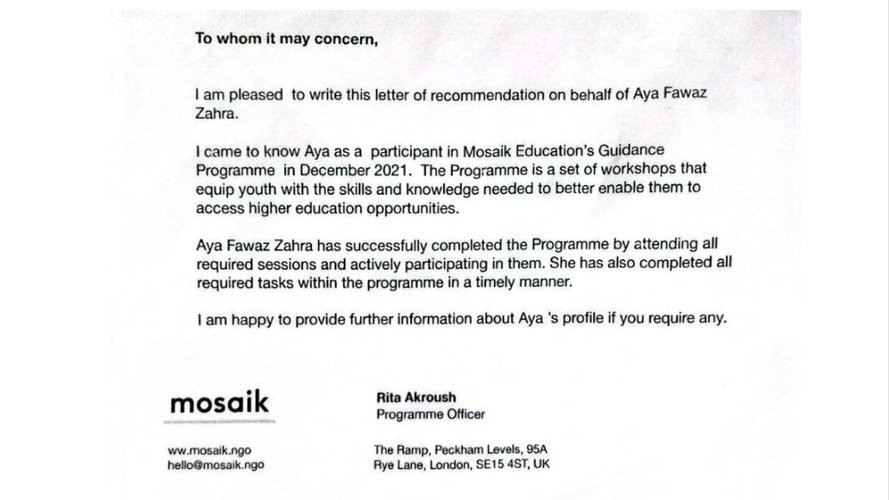 Recommendation from my participation in the academic mentoring program with Mosaic Organization.