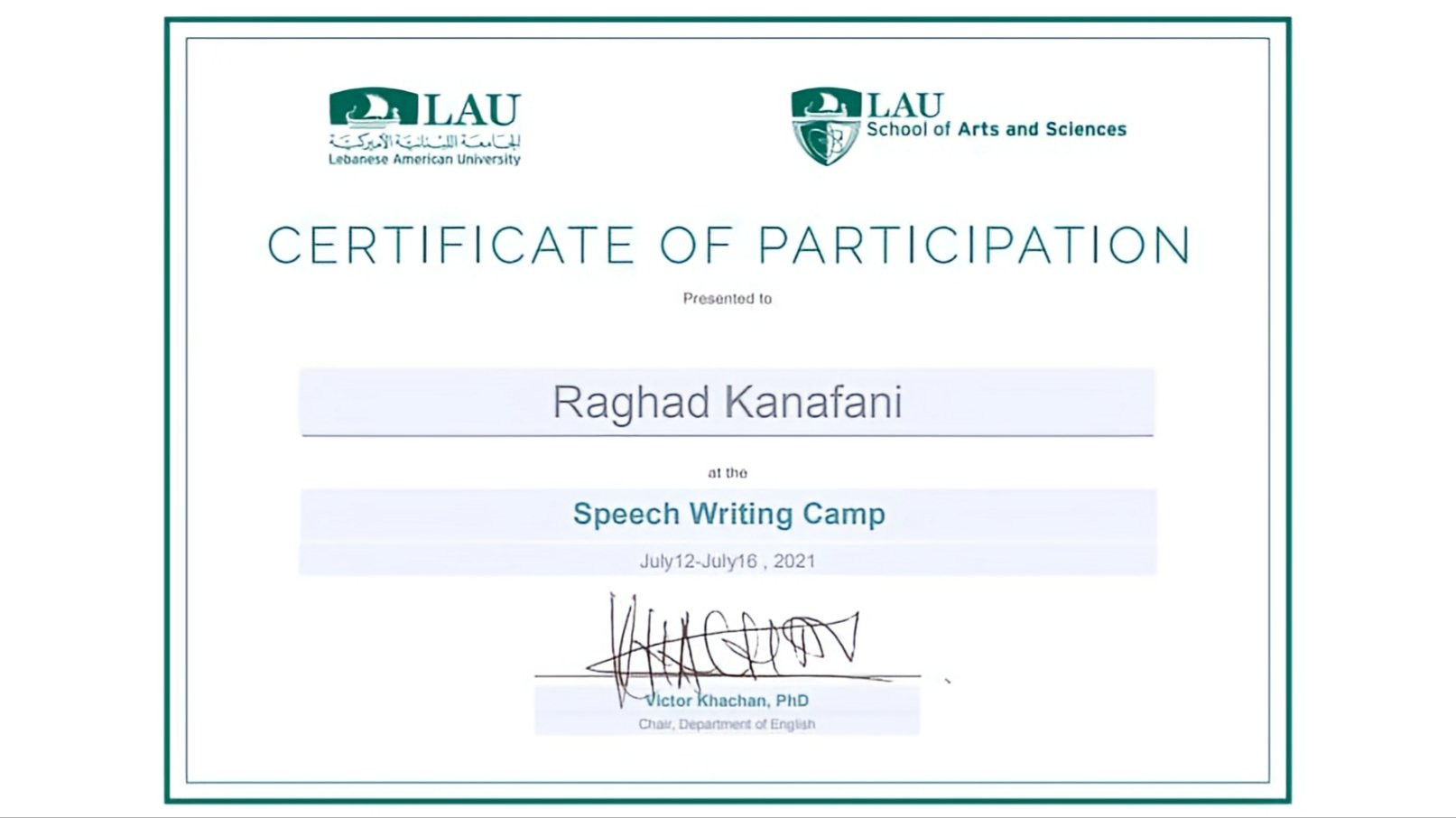 Participated in the Speech Writing Camp organized by the LAU School of Arts and Sciences.